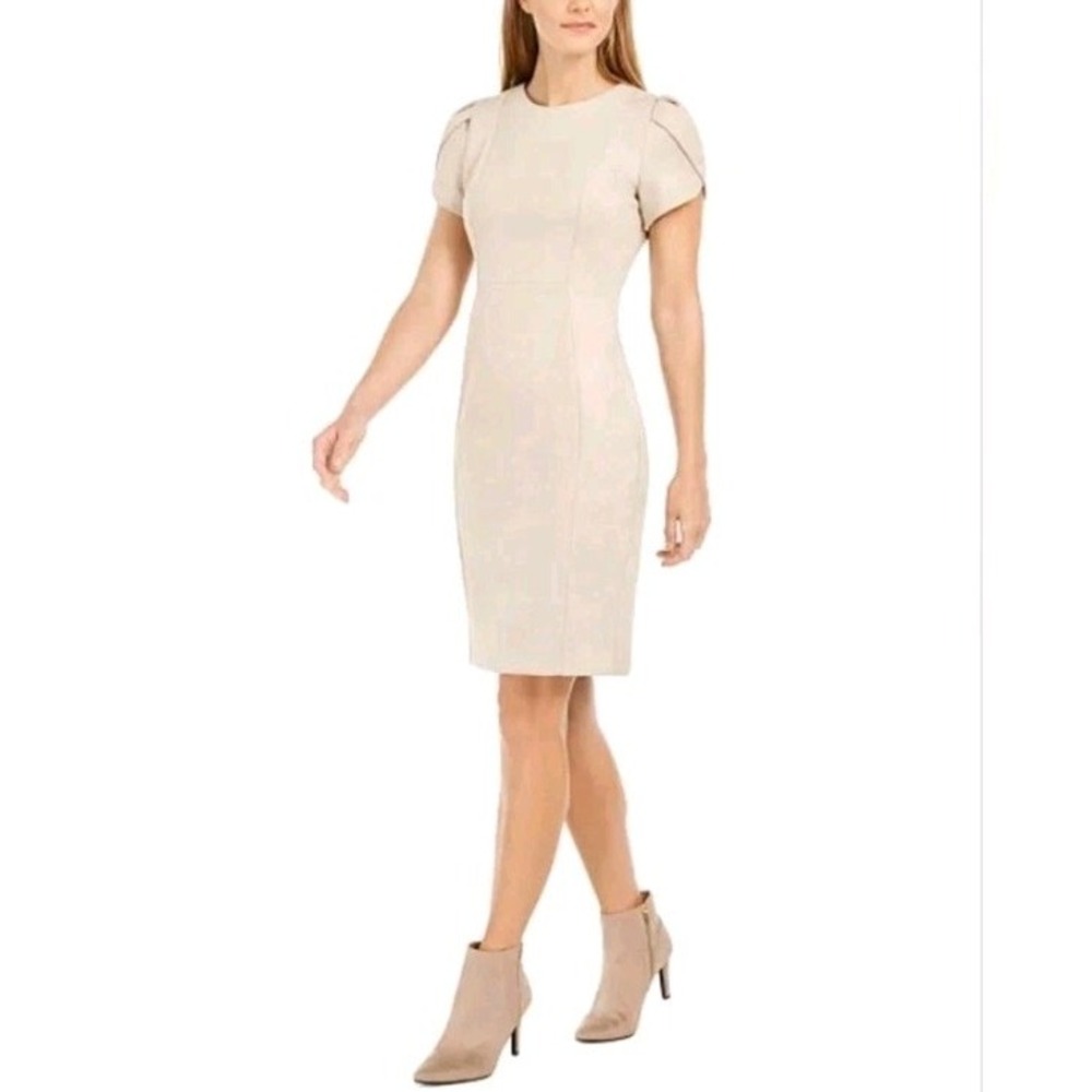 NWT Calvin Klein Faux Suede Tulip Sleeve Sheath Dress Tan Latte Size 8 MSRP $129